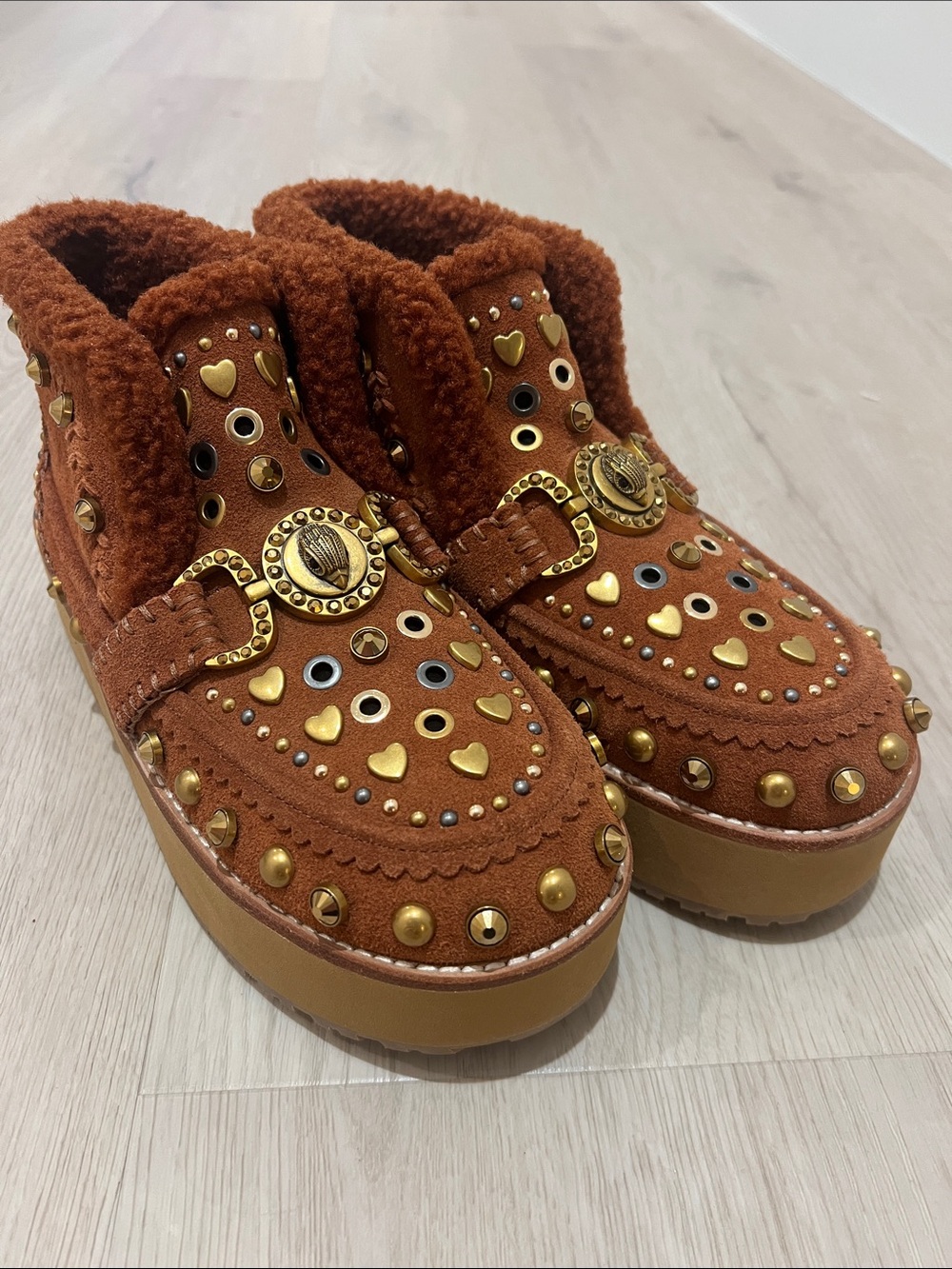 Kurt Geiger Rust Brown Studded Suede Ankle Booties with Shearling Trim